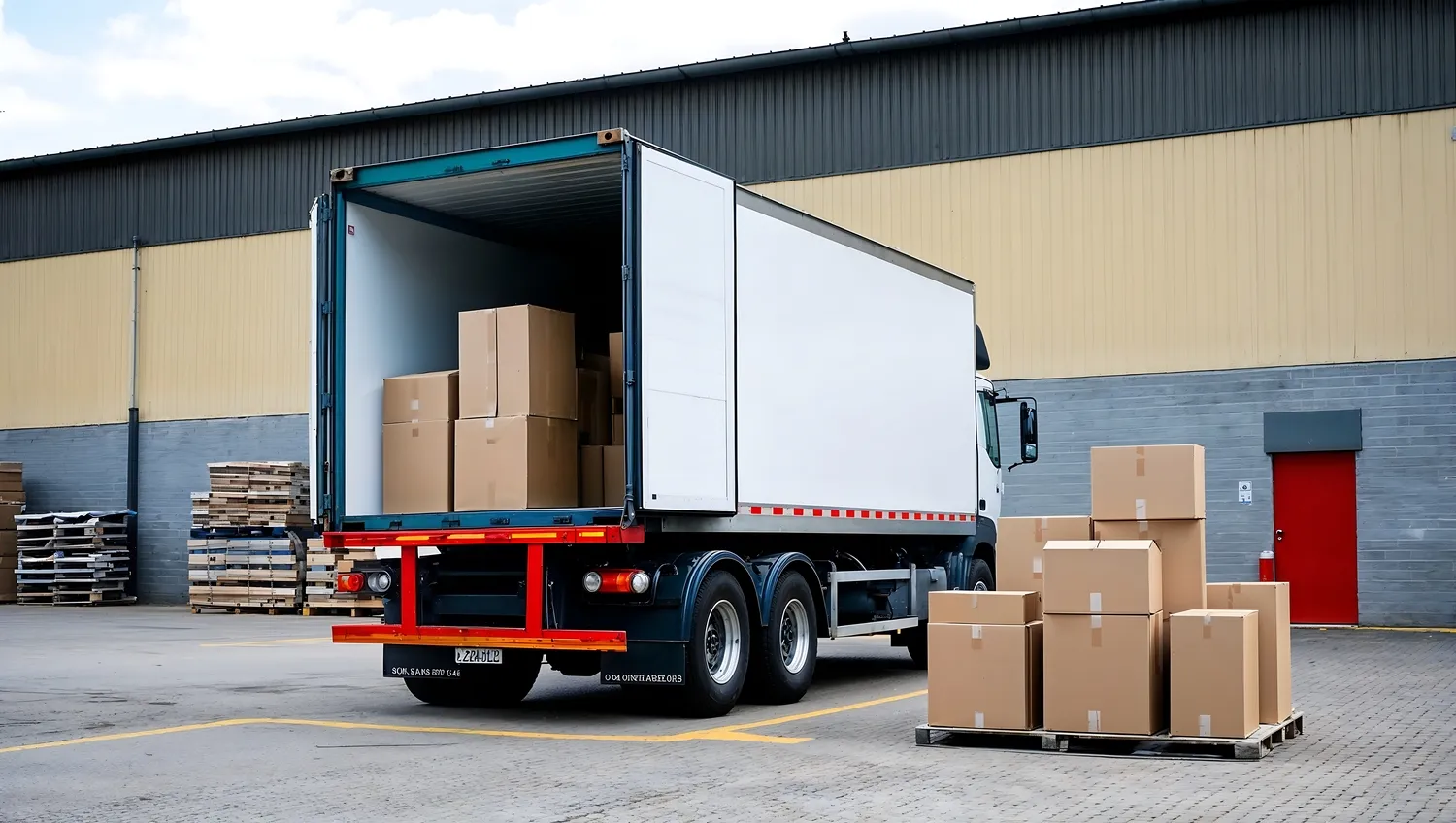 truck-parked-outside-modern-warehouse-with-workers-unloading-organized-cardboard-box
